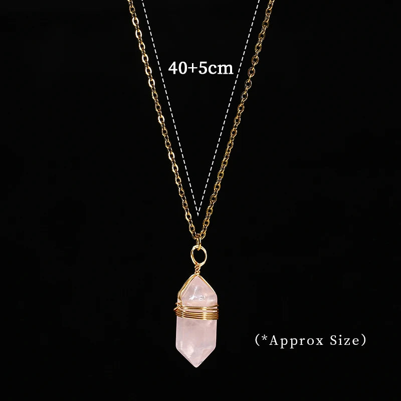 Crystal Pendant Necklace Handmade Stainless Steel Gift Pink Quartz Amethyst Hexagon