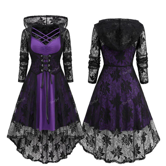 Black Purple Lace Hooded Gothic Pagan Witch Dress Costume