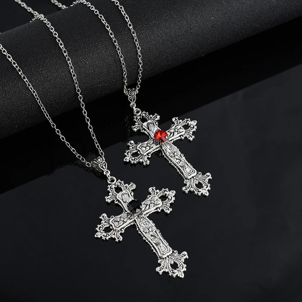 Gothic Victorian Punk Crystal Cross Pendant Necklace Gothic Chain