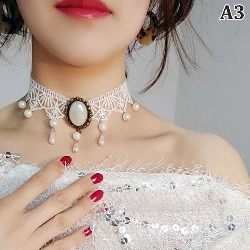 Gothic Chokers Crystal Black Lace Collar Necklace Vintage Victorian