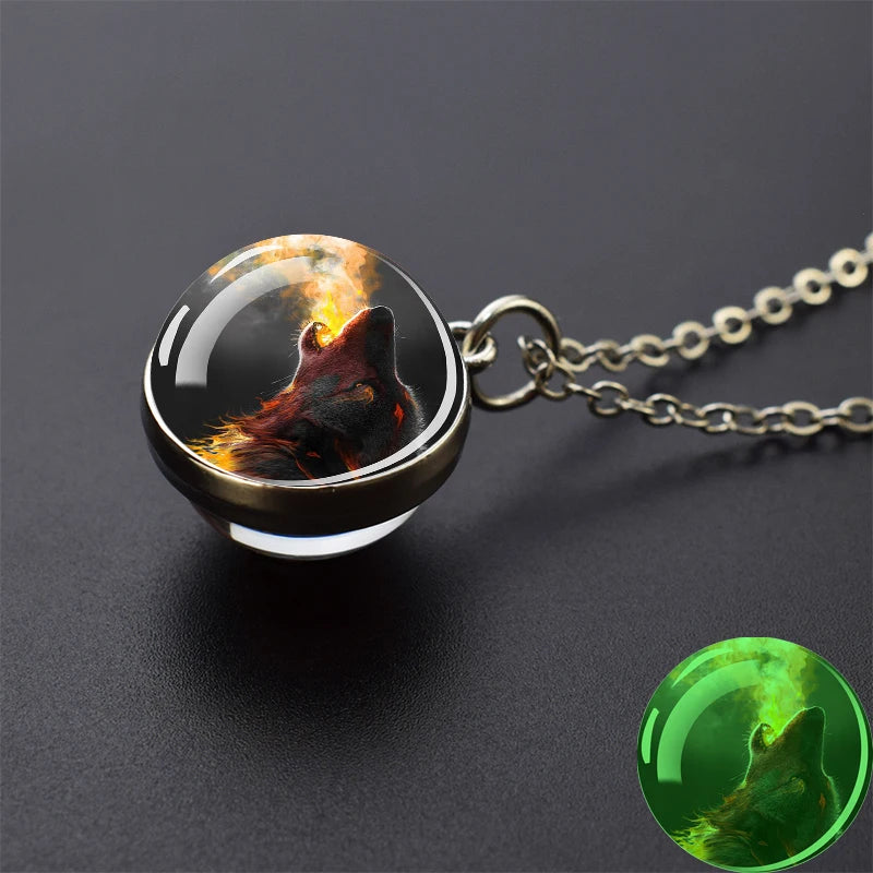 Glow in the Dark Wolf Necklaces Howling Wolf Head and Moon 2CM Glass Ball Pendant Double Sided