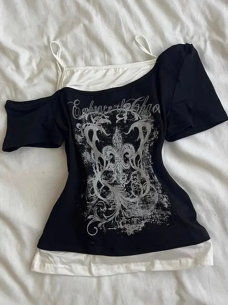 Black Gothic Short Sleeve Vest 2 Layer Top Y2K Style