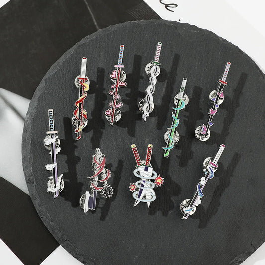 9Pcs/Set Anime Ghost Kill Team Samurai Sword Enamel Brooch 9-Pillar Metal Badge Lapel Pin Cosplay Jewelry Accessories Gifts