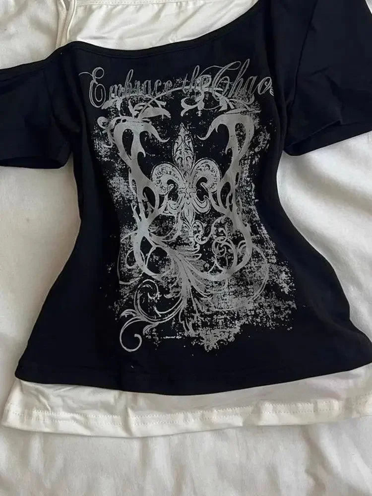 Black Gothic Short Sleeve Vest 2 Layer Top Y2K Style