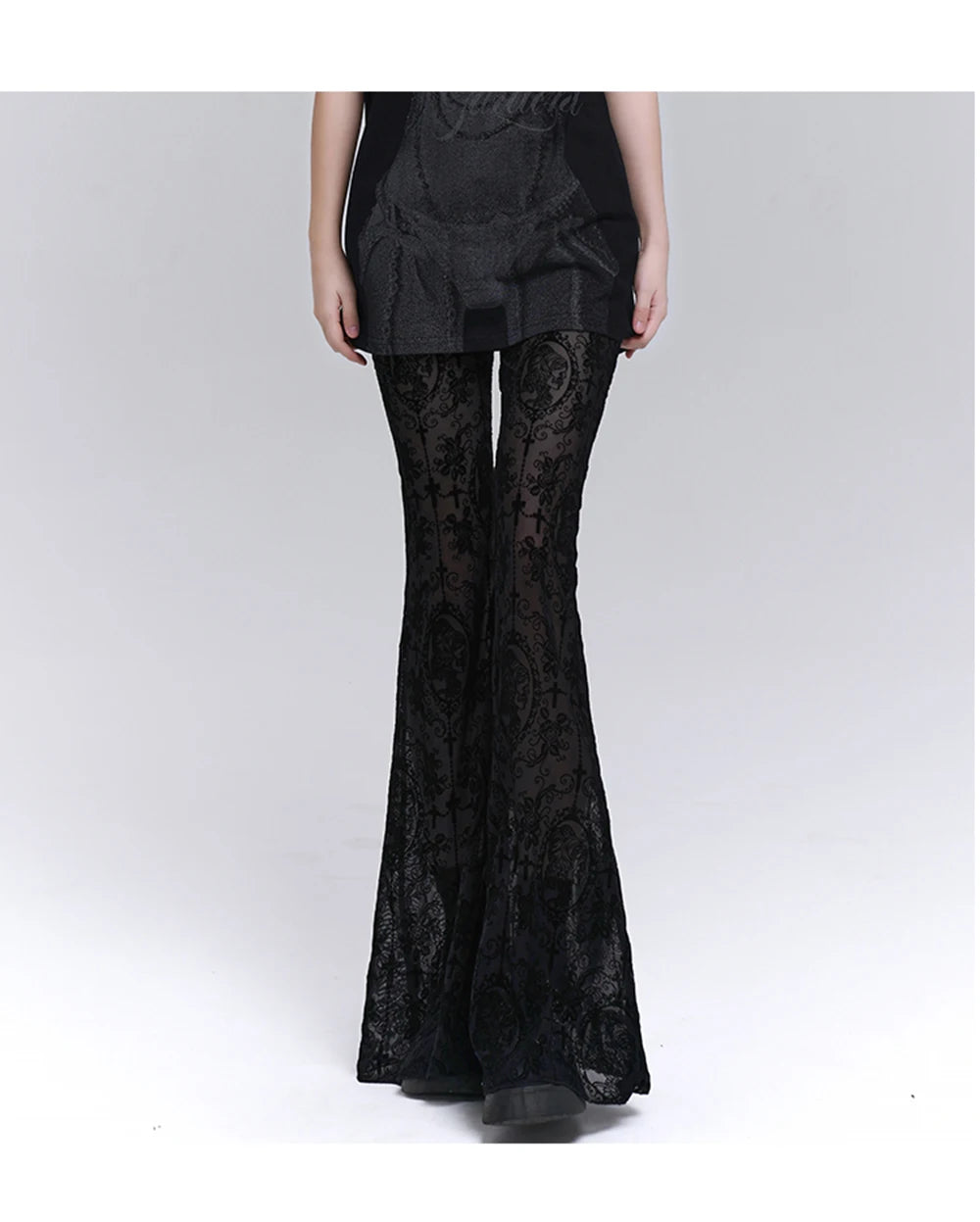 Sexy Black Lace Mesh Bell Bottom Pants Gothic Flare Trousers