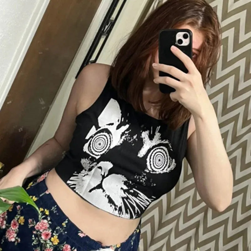 Cute Grunge Black Gothic Cat Kawaii Crop Tank Top Vest TShirt