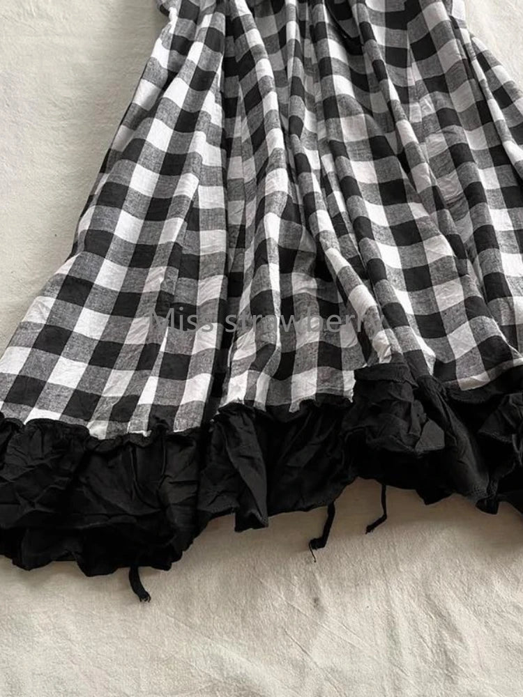 Punk Y2K Black White Check Plaid Puffball Dress Top