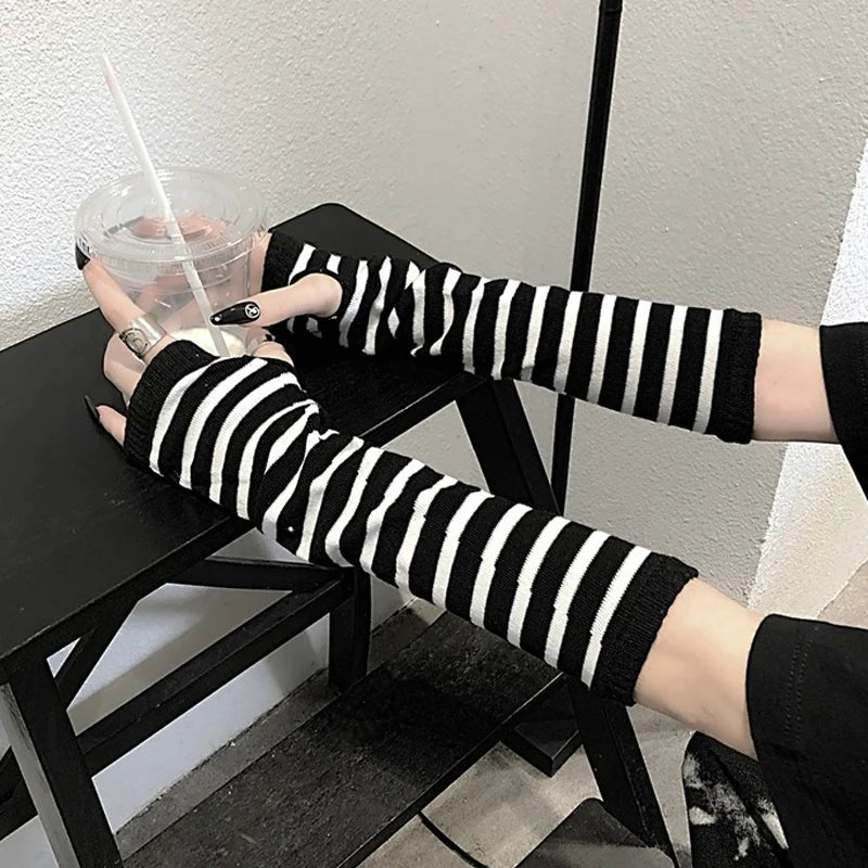 Black White Striped Arm Warmers Emo Punk Long Fingerless Gloves