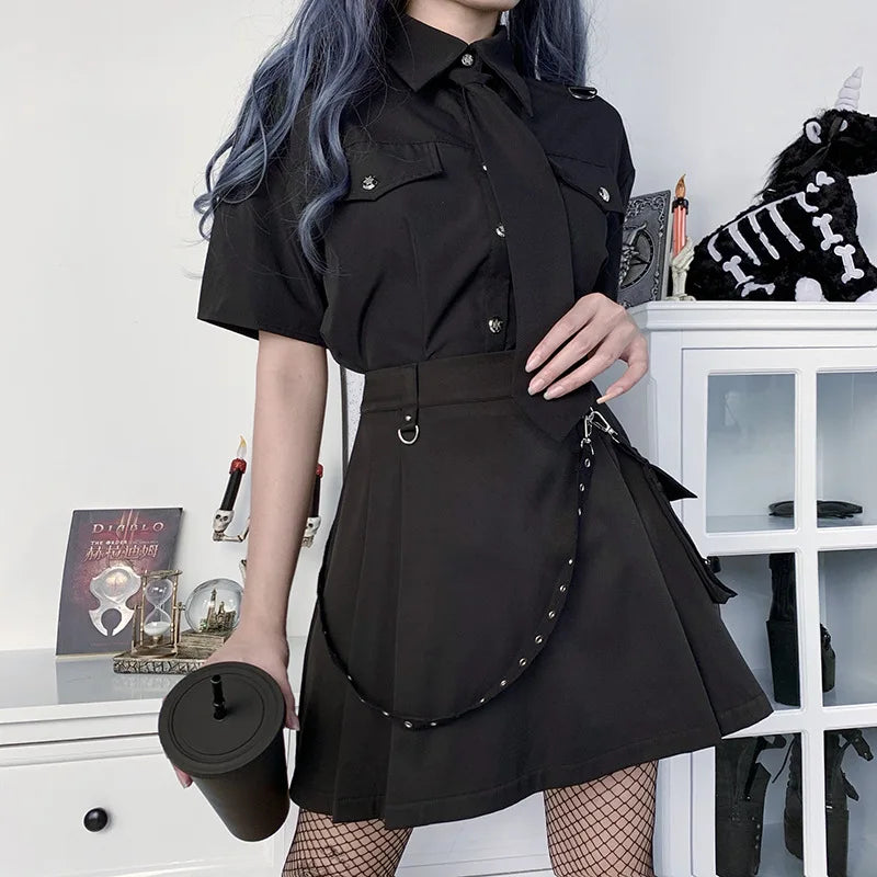 Black Gothic Punk Pleated Utility High Waist Skirt