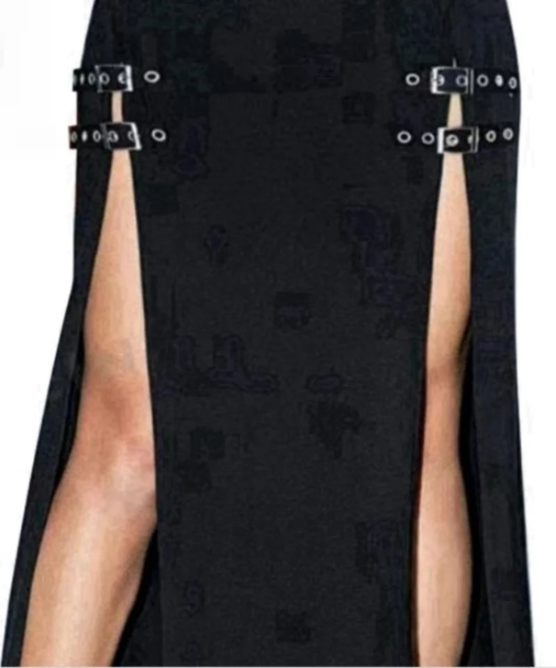 Sexy Long Black Punk Gothic Thigh Slit Buckle Skirt