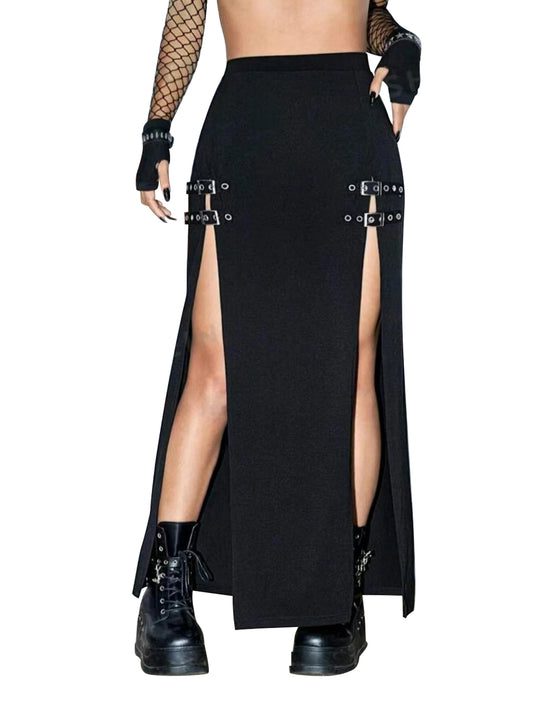 Sexy Long Black Punk Gothic Thigh Slit Buckle Skirt