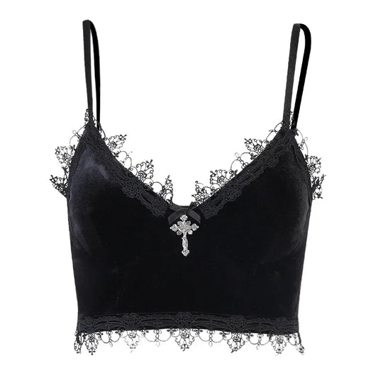 Gothic Black Velvet Lace Emo Crop Tops Bralet Bra Vest Top
