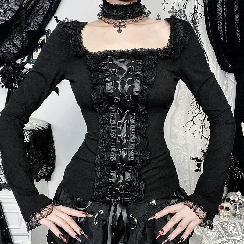 Black Gothic Lace Side Long Sleeve Tops T-shirts Mall Goth