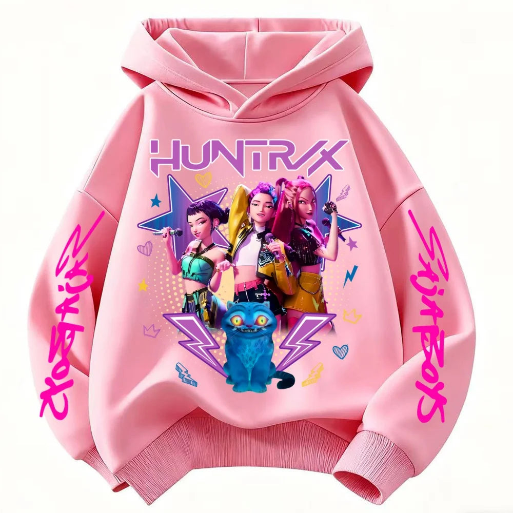 Kpop Demon Hunters Hoodie Girl's Pink Hooded Sweatshirt Huntrix Jumper K-Pop Clothes Top