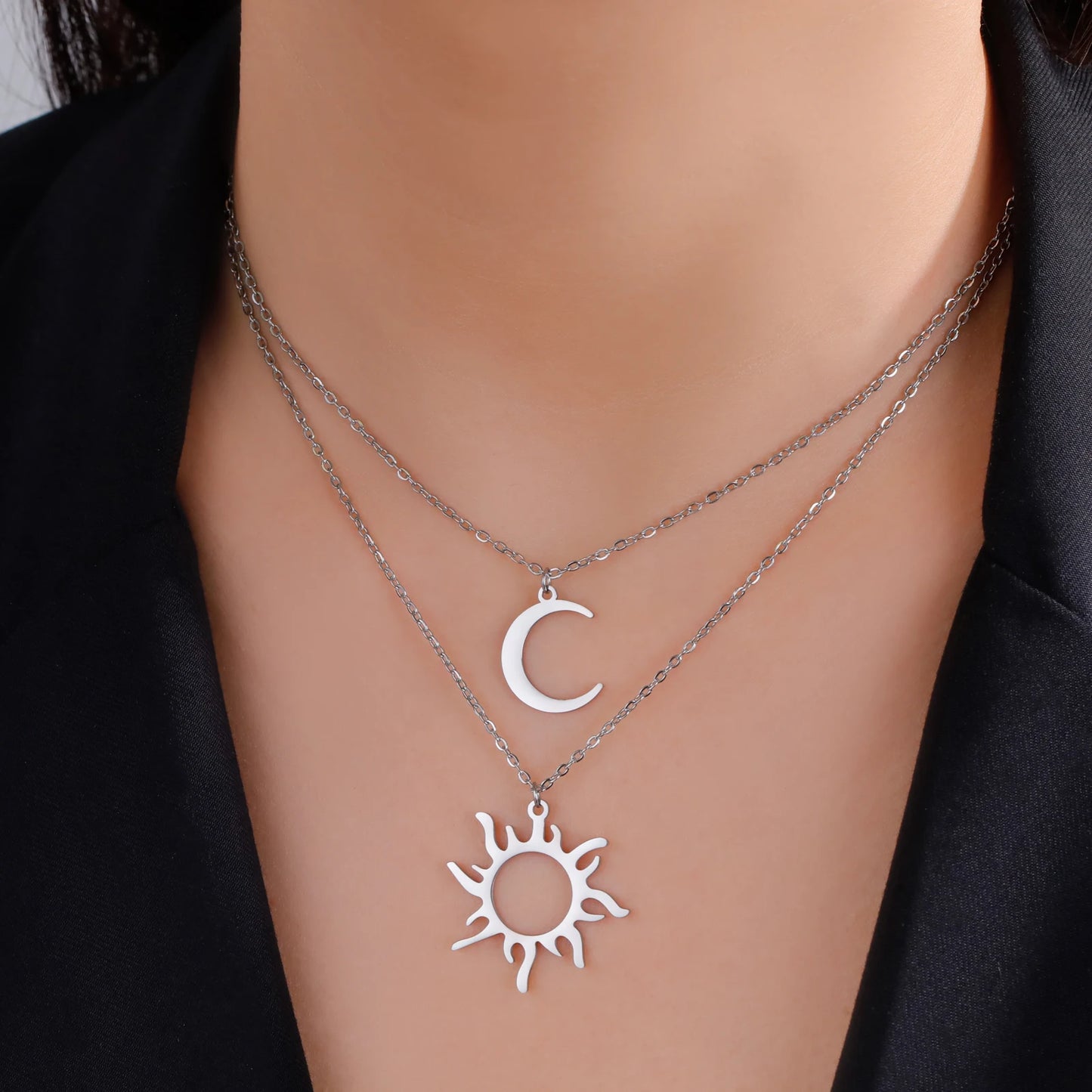 Sun Moon Pendant Chain Necklace Stainless Steel Bohemian Choker Necklace Pagan