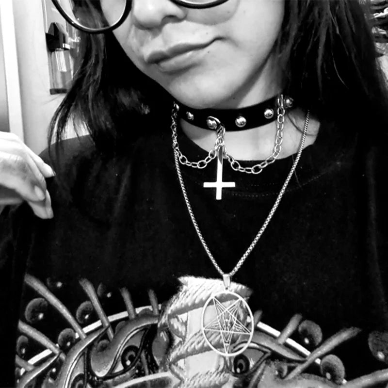 Punk Choker Gothic Satan Inverted Cross Necklace Satanic Jewellery