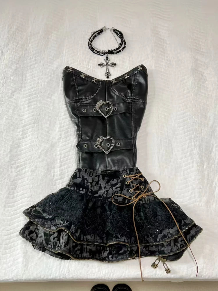Gothic Black Strapless Corset Top Lace Rara Mini Skirt 2 Piece Outfit