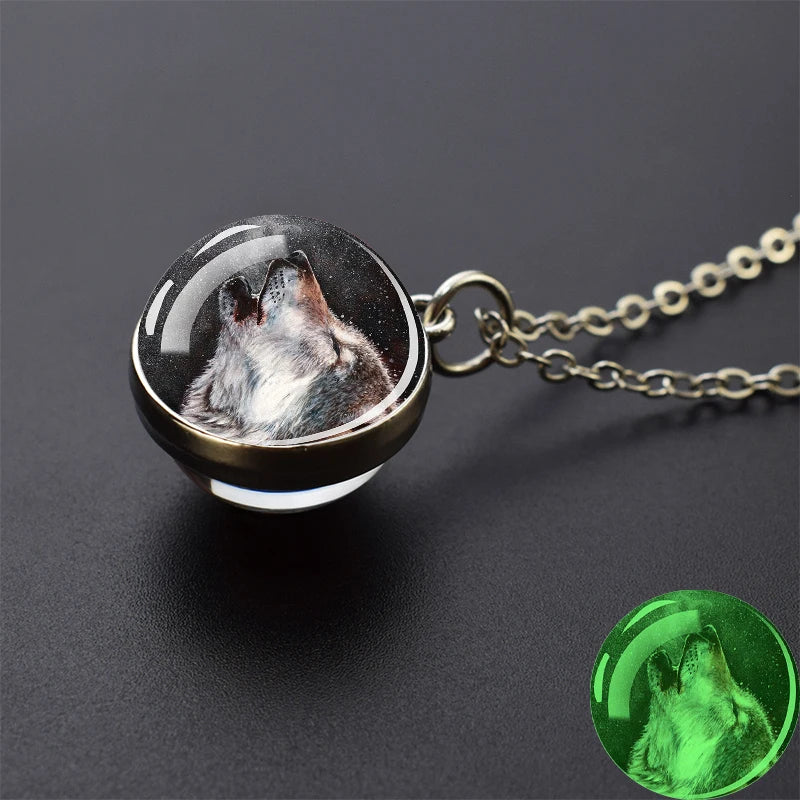 Glow in the Dark Wolf Necklaces Howling Wolf Head and Moon 2CM Glass Ball Pendant Double Sided