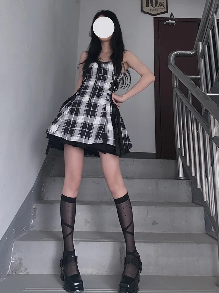 Plaid Ribbon Lace Up Punk Check Mini Dress