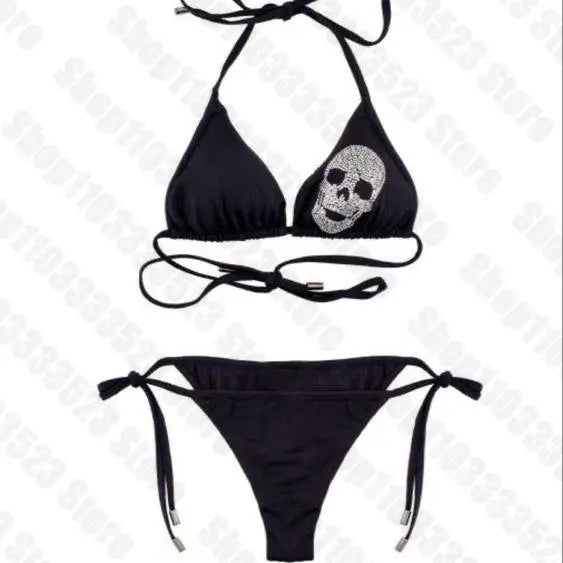Gothic Black Strappy Skull Halter Bikini Swimwear