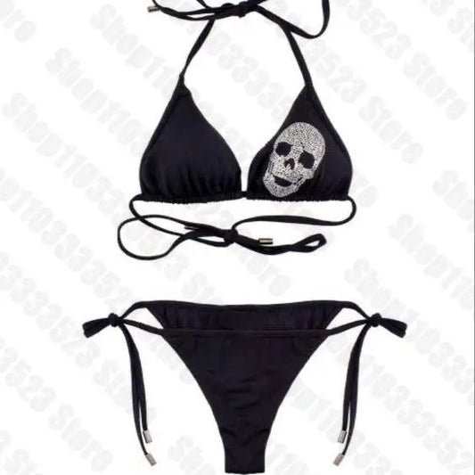 Gothic Black Strappy Skull Halter Bikini Swimwear