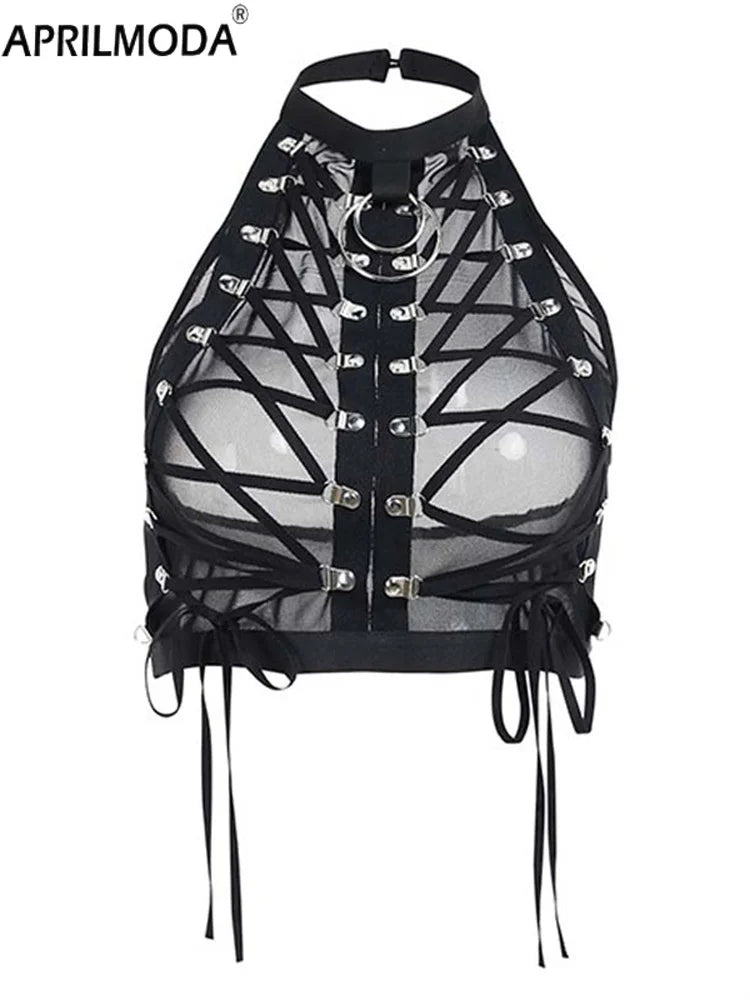 Sexy Punk Gothic Halter Sheer Buckle Mesh Backless Lace up Crop Top