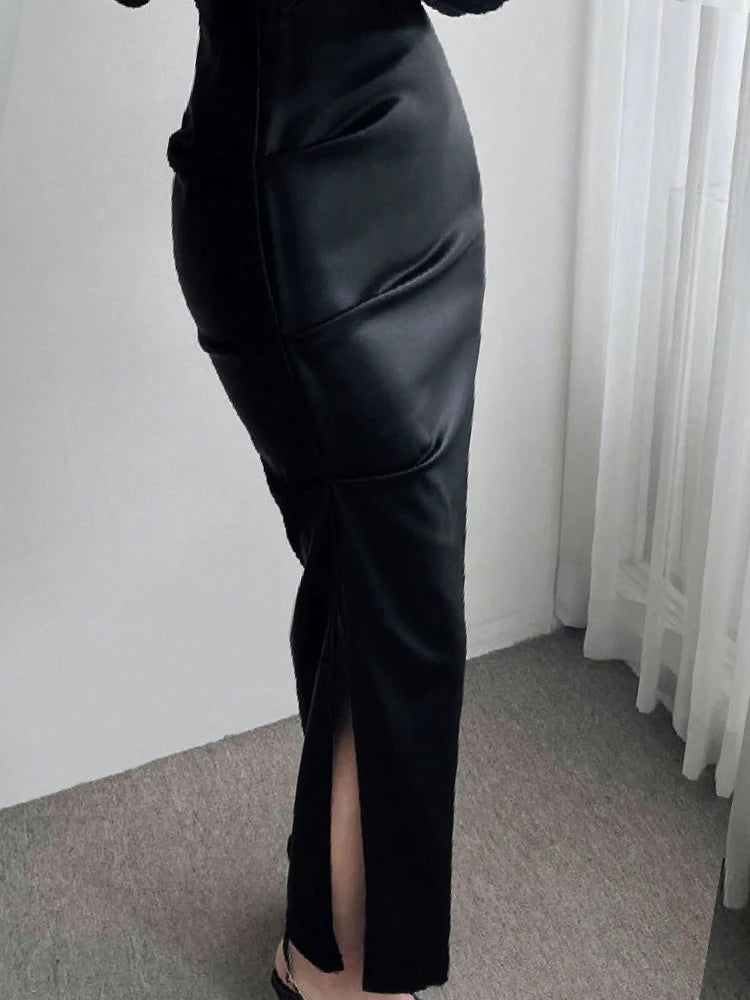 Long Black PU Leather Gothic Pencil Skirt