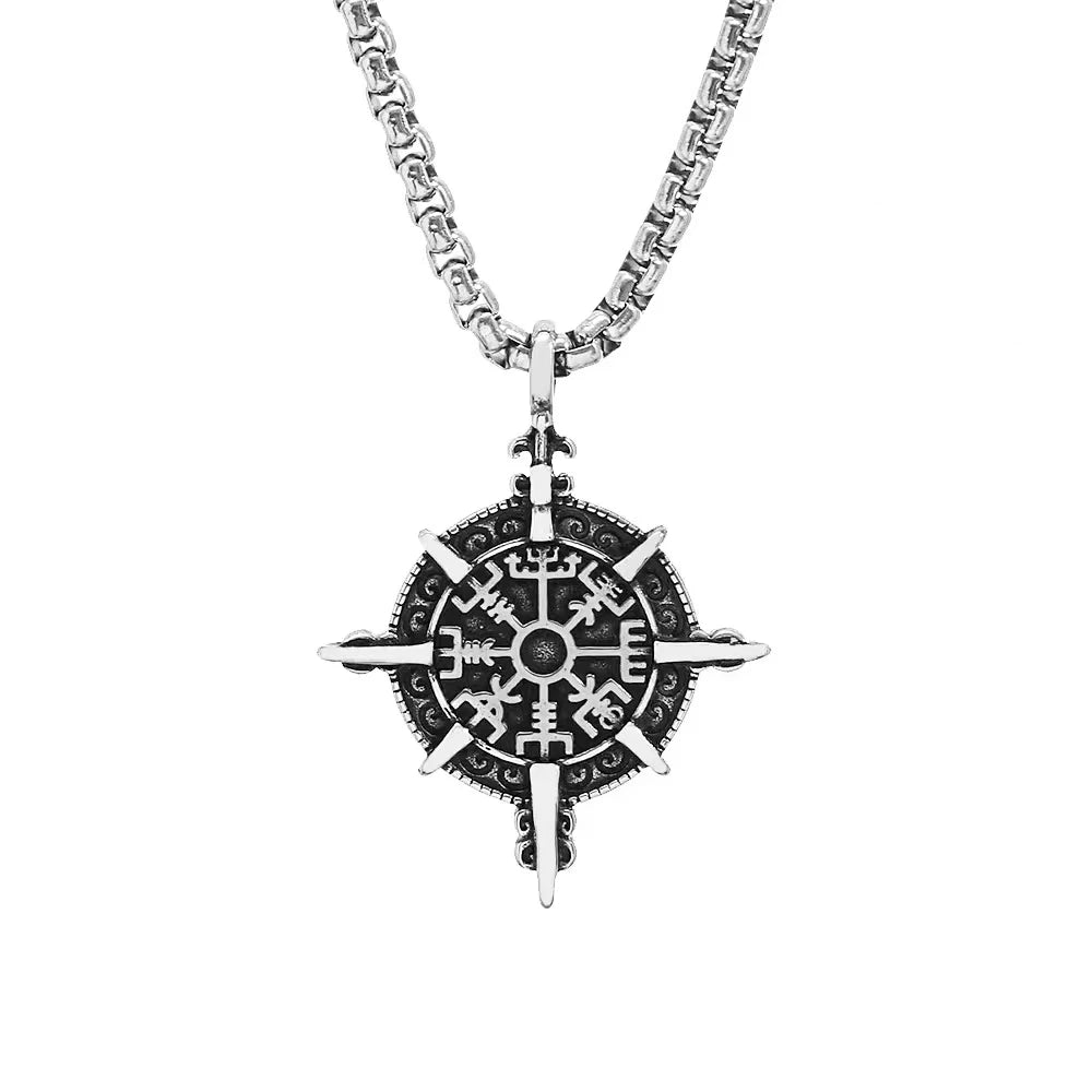 Vintage Viking Vegvisir Compass Pendant Necklaces For Men Stainless Steel Nordic Amulet Necklace