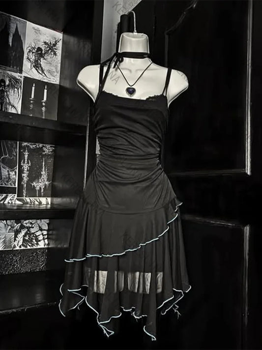 Sexy Gothic Y2K Strappy Dress Sheer Skirt