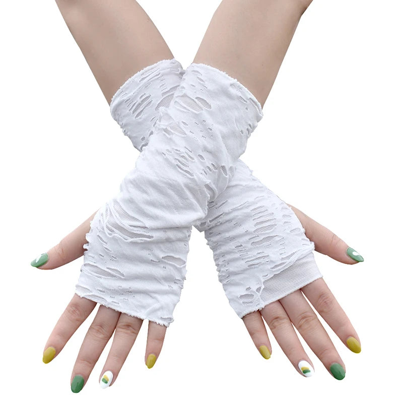 Gothic Fingerless Gloves Halloween Arm Warmers Black Ripped