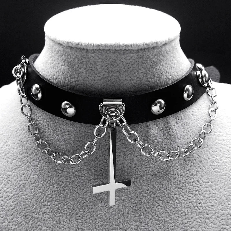 Punk Choker Gothic Satan Inverted Cross Necklace Satanic Jewellery