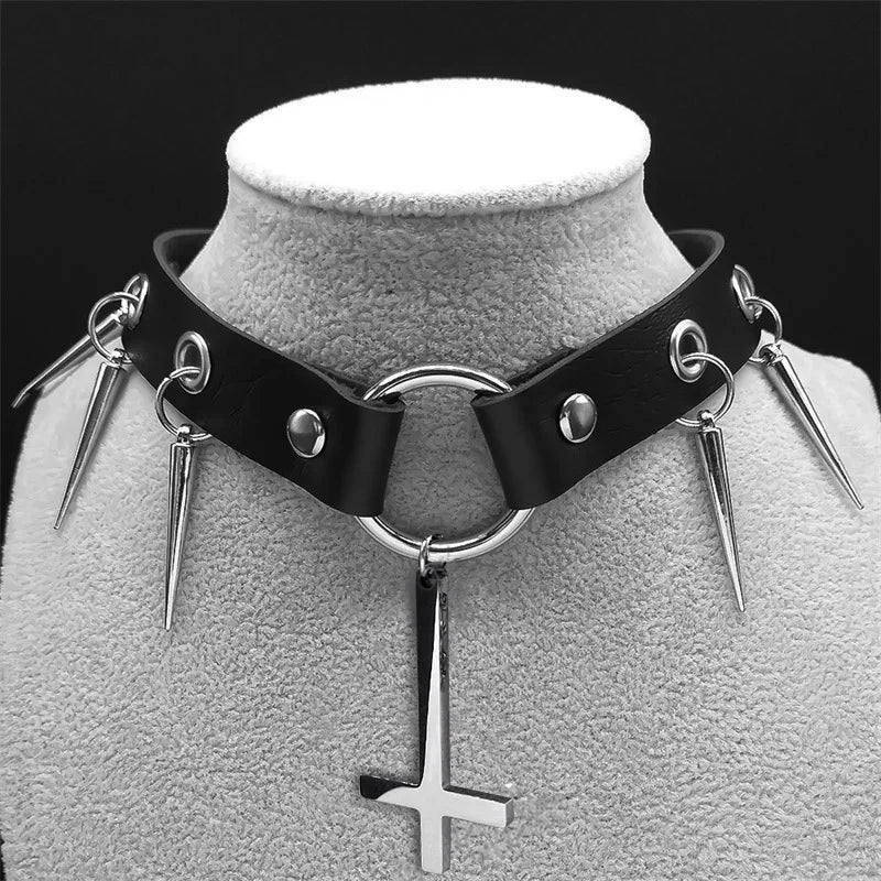 Punk Choker Gothic Satan Inverted Cross Necklace Satanic Jewellery