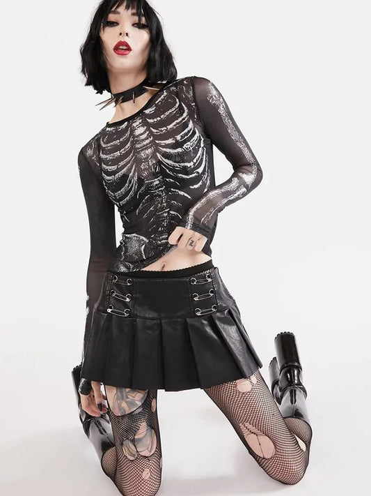Gothic Punk Skeleton Print Sheer Long Sleeve Top