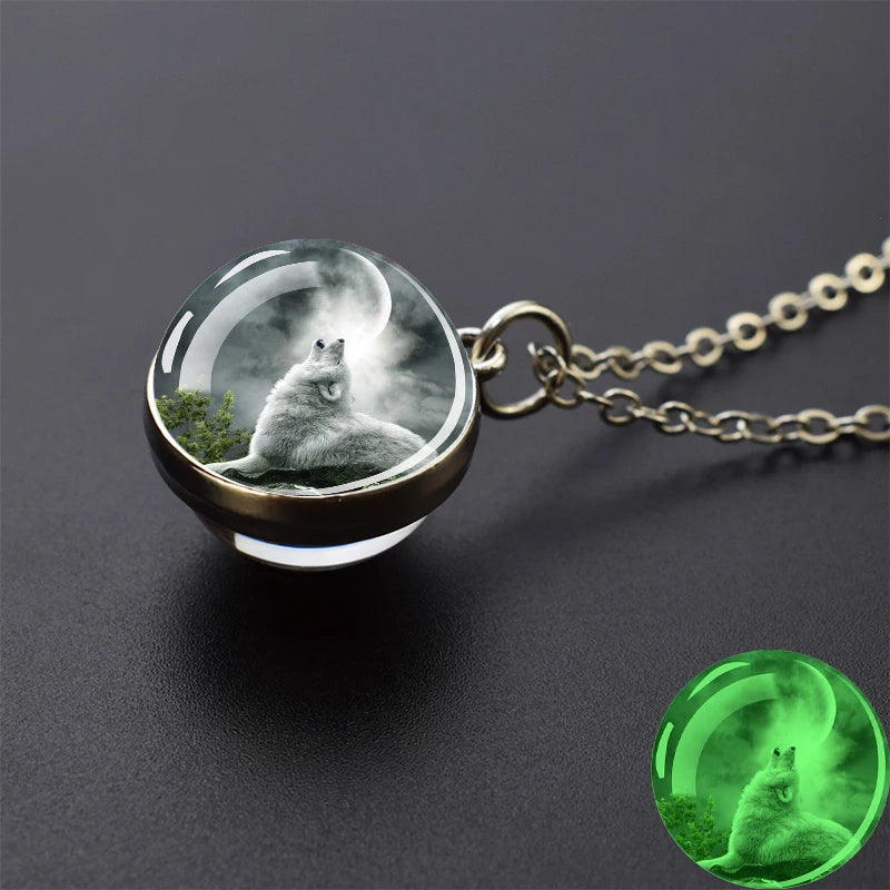 Glow in the Dark Wolf Necklaces Howling Wolf Head and Moon 2CM Glass Ball Pendant Double Sided