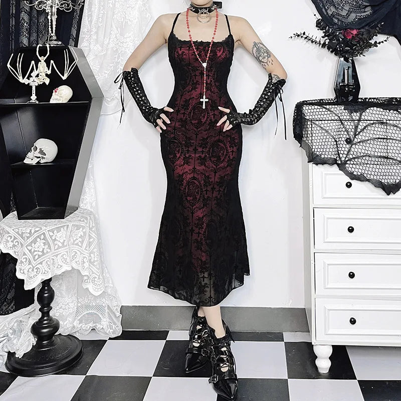 Gothic Black Red Lace Sexy Long Fishtail Dress