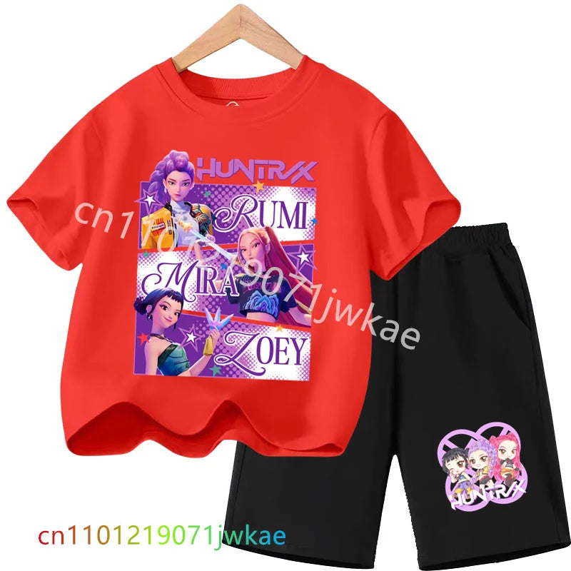 Huntrix T-shirt Set Kpop Demon Hunters Summer Clothes Shorts Rumi
