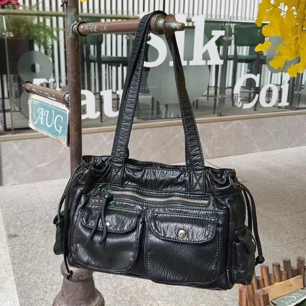 Punk Multiple Pockets Motorcycle Bag Retro Shoulder Bags Soft Pu Leather Handbags
