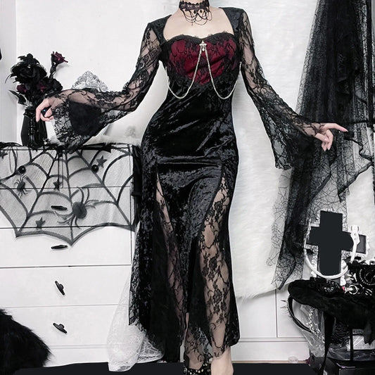 Elegant Victorian Gothic Black Velvet Lace Fishtail Vampire Long Dress