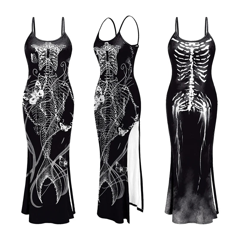 Sexy Punk Camisole Vest Long Dress Gothic Skeleton Pattern