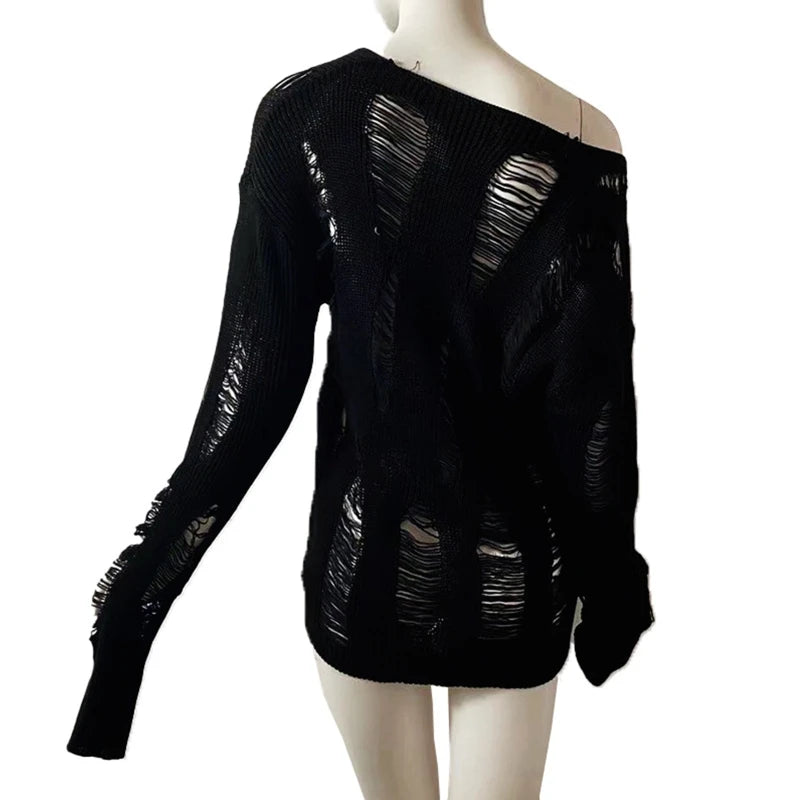 Gothic Punk Black Long Sleeve Sweater Ripped Knit Pullover Jumper