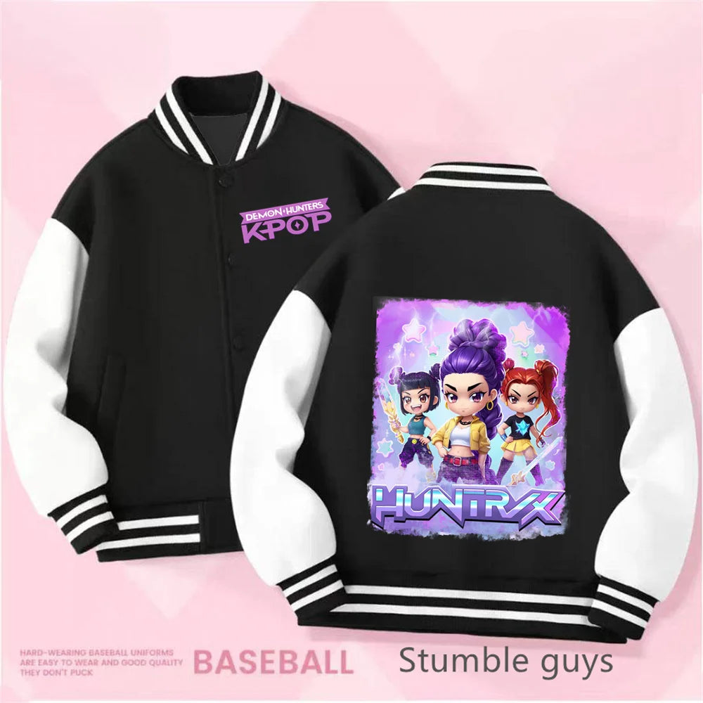 Kpop Demon Hunters Baseball Varsity Jacket Kids Rumi Mira Zoey Huntrix Derpy Tiger Coat Merch Gifts