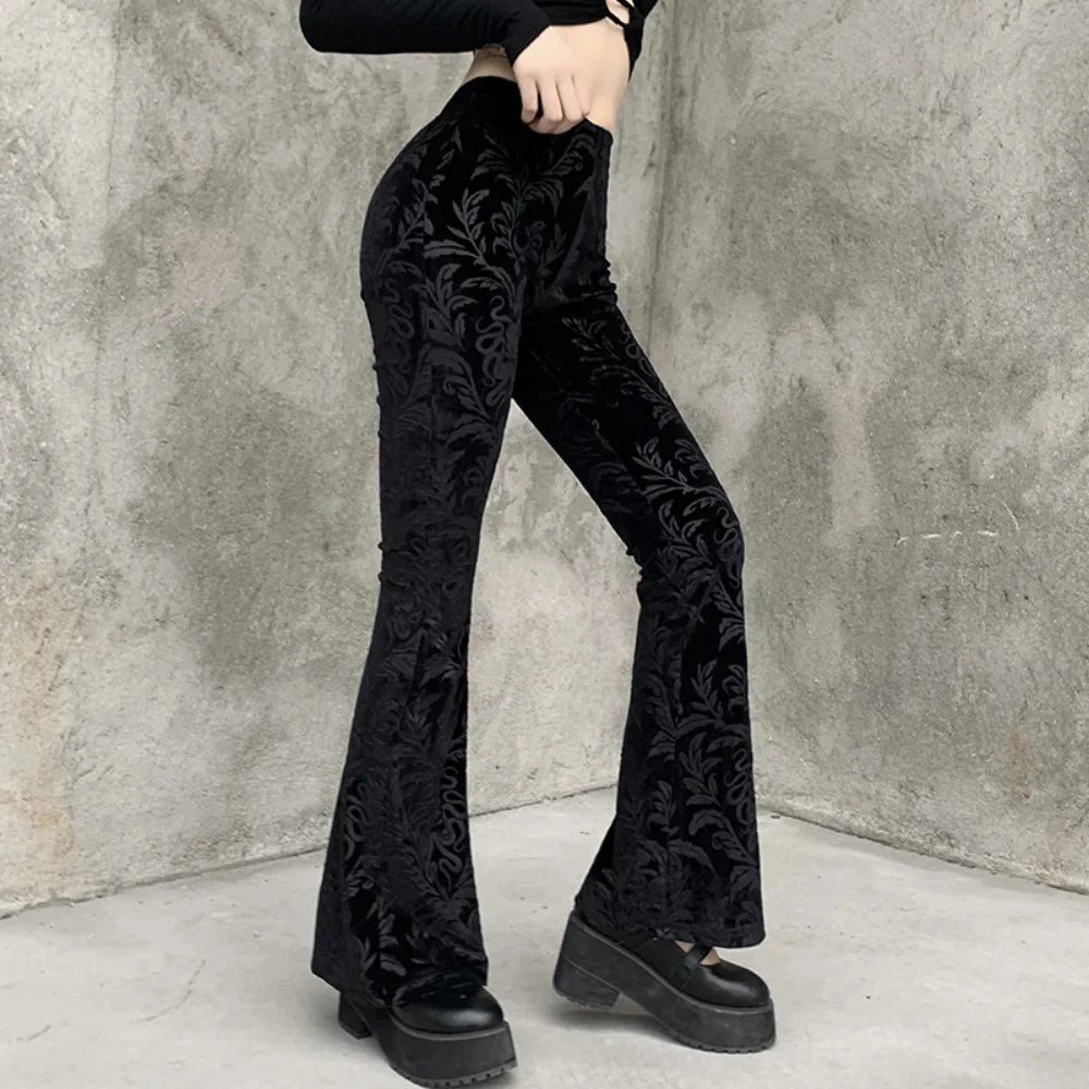 Gothic Floral Print Black Velvet Long Pants Bellbottom Bootcut Flares Trousers
