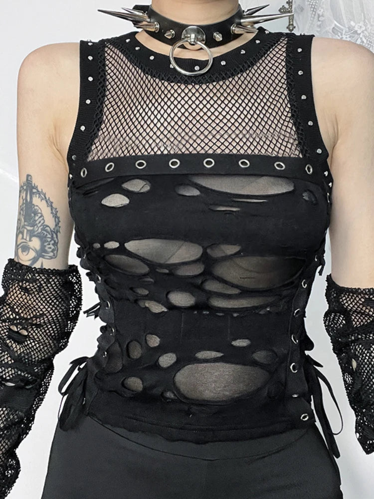 Black Gothic Fishnet Mesh Alternative Vest Top Camisole