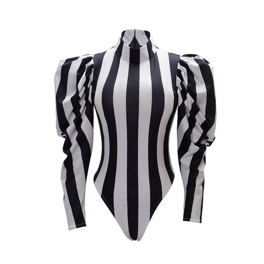 Sexy Gothic Black White Striped Bodysuit Cosplay Halloween Fancy Dress