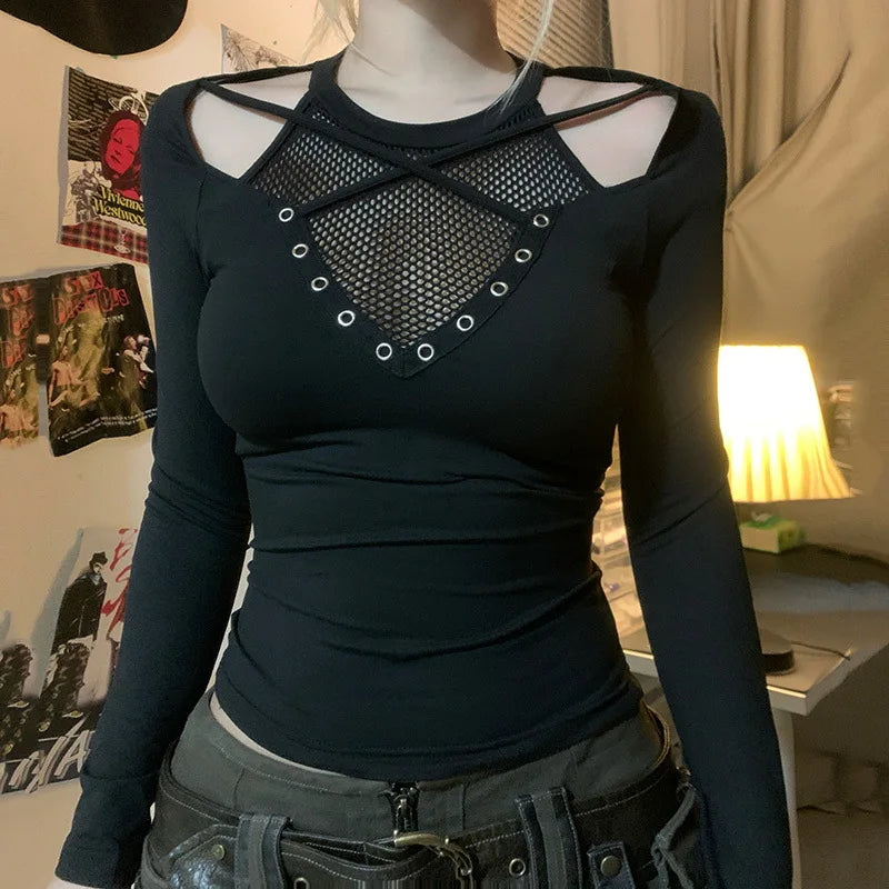 Emo Goth Dark Techwear Black Top Fishnet Gothic Clothing Long Sleeved Top TShirt