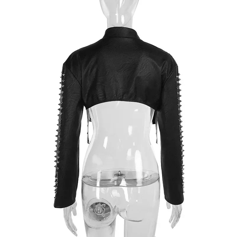 Black Punk Faux Leather Cropped Jacket Gothic Rivet Style Biker Studded Clothes