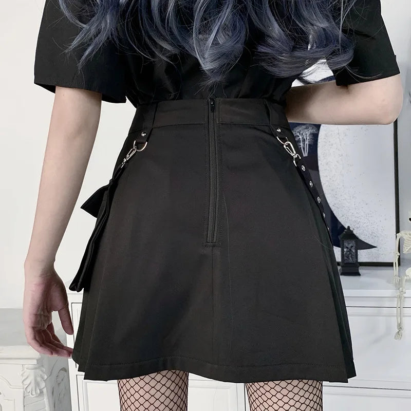 Black Gothic Punk Pleated Utility High Waist Skirt