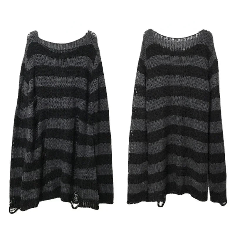 Purple Black Gradient Punk Gothic Long Unisex Sweater Striped Jumper