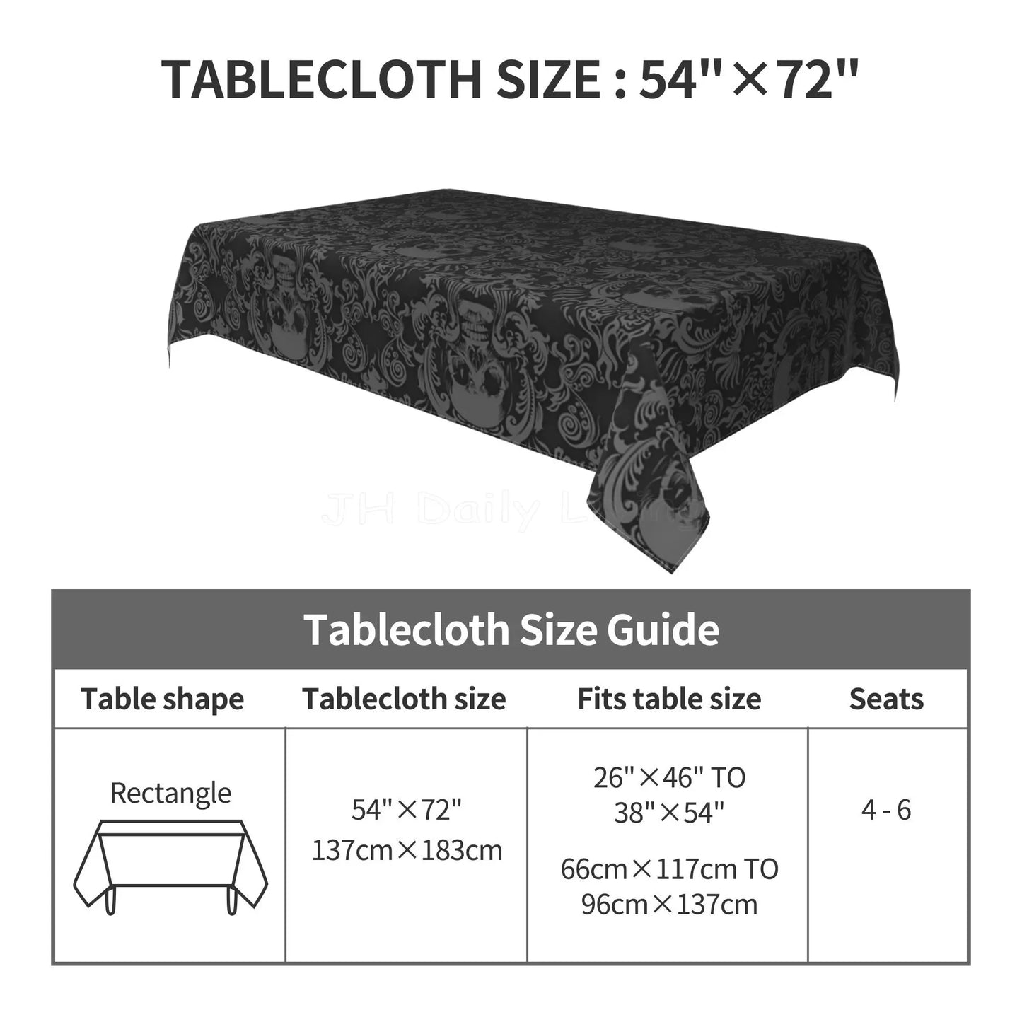 Gothic Skull Flower Black Rectangle Tablecloth Washable