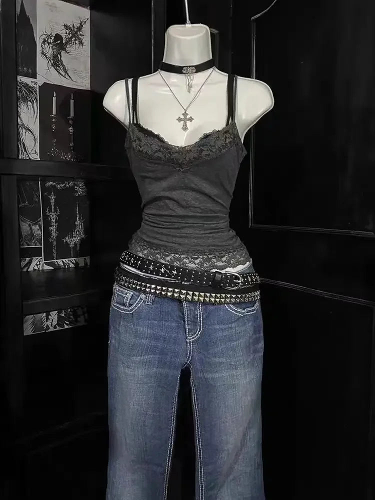 Sexy Grunge Grey Stretch Lace Trim Vest Top TShirt